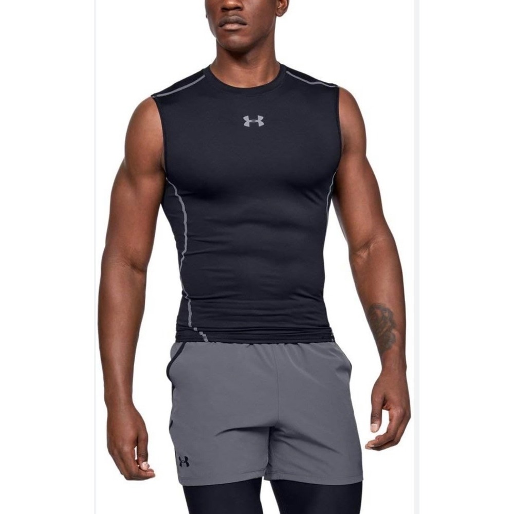 Under Armour Heatgear Compression Sleeveless T Shirt Men's Size L Black Steel